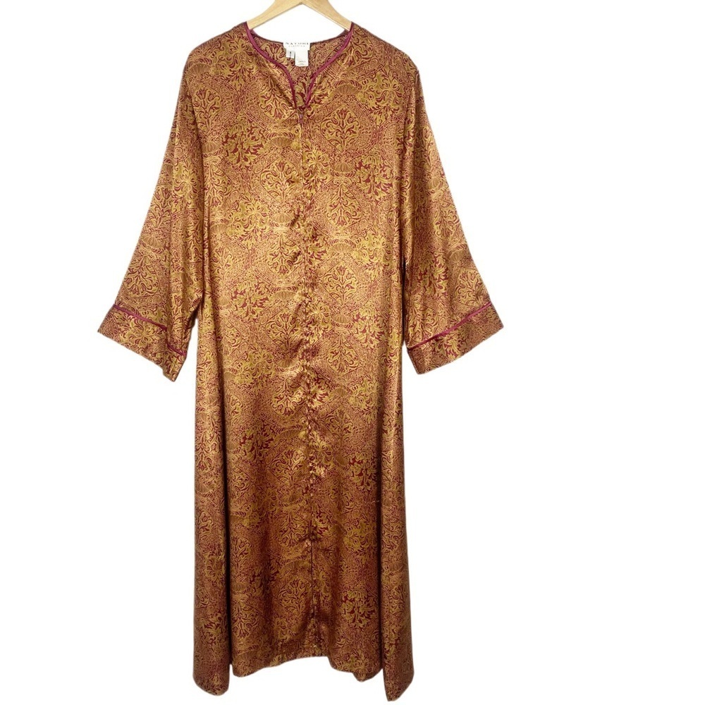 Natori Gold and Burgundy Paisley Satin Long Robe